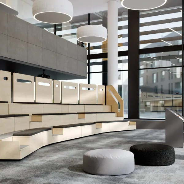 A collection of 3-tier auditorium seating modules with the power to enhance collaborative environments.